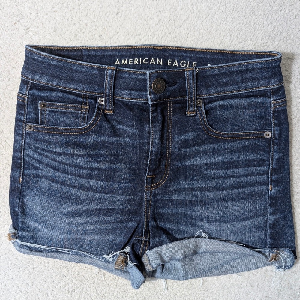American Eagle Hi-Rise Shortie Shorts Women 4‎ 28/2 Dark Blue Stretch Denim